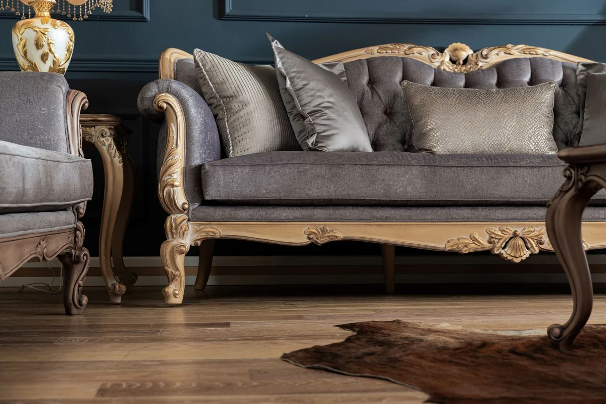 Luxus Barock Sofa Grau / Naturfarben - Handgefertigtes Wohnzimmer Sofa im Barockstil - Barock Wohnzimmer Möbel