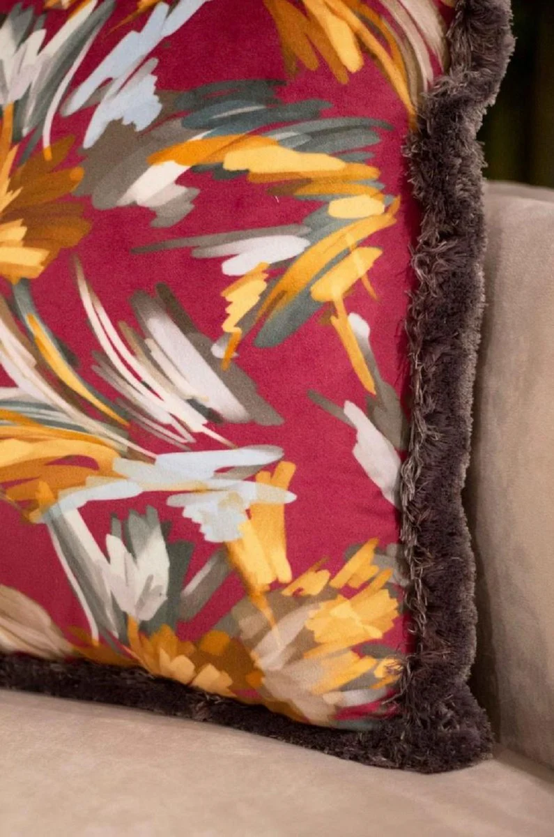 Luxus Deko Kissen Blumen Design Rot / Mehrfarbig / Grau 45 x 45 cm - Bedrucktes Samt Kissen mit Fransen - Deko Accessoires