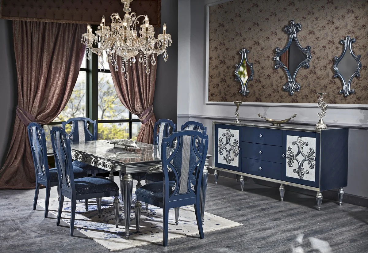 Luxus Barock Esszimmer Set Blau / Silber - Esstisch und 6 Esszimmerstühle - Barock Esszimmermöbel