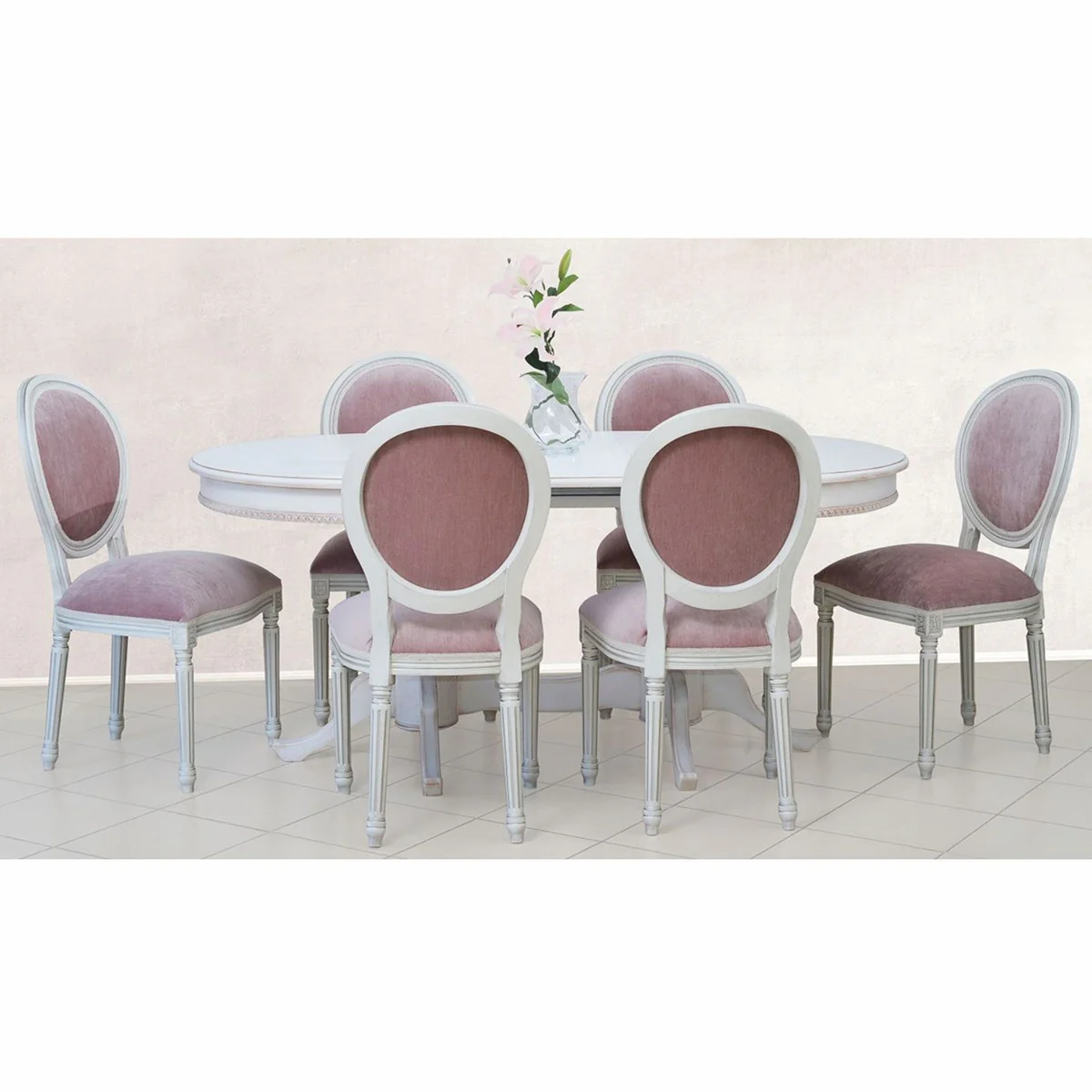 Luxus Barock Esszimmer Stuhl Pink / Weiß / Silber H. 98 cm - Barock Möbel