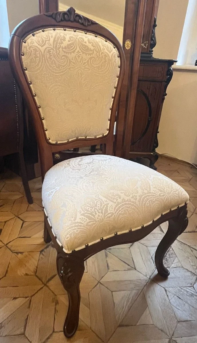 Luxus Barock Esszimmerstuhl Cremefarben / Braun - Handgefertigter Massivholz Stuhl mit elegantem Muster - Barockstil Küchenstuhl - Barock Esszimmer Möbel - Edel & Prunkvoll