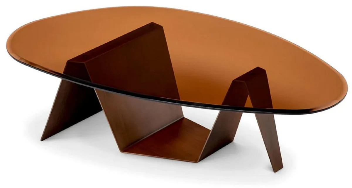 Luxus Couchtisch mit Glasplatte dunkel Messing / Braun 130 cm