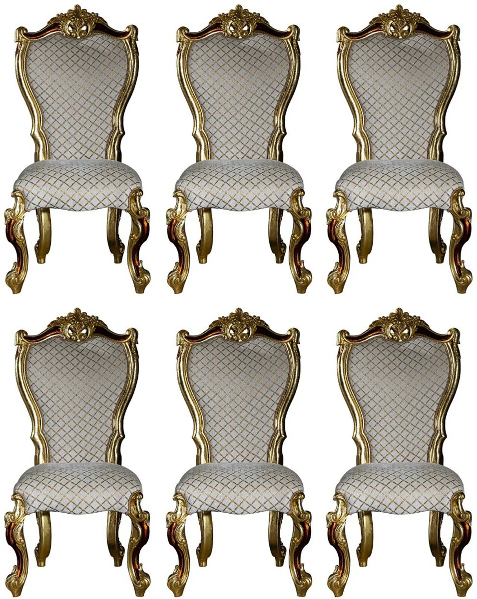Luxus Barock Esszimmer Stuhl Set Grau / Gold / Rot / Gold 58 x 57 x H. 107 cm - Küchen Stühle 6er Set im Barockstil - Barock Esszimmer Möbel