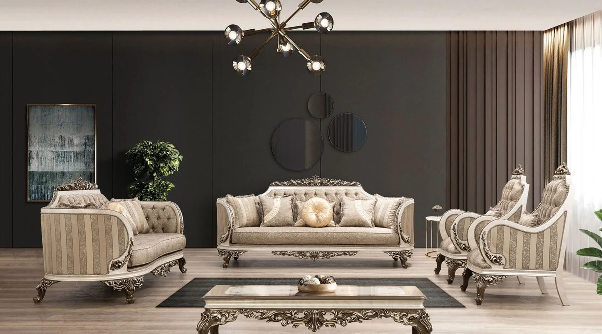 Luxus Barock Couchtisch Braun / Cremefarben / Gold - Handgefertigter Massivholz Wohnzimmertisch - Barock Wohnzimmer Möbel - Edel & Prunkvoll