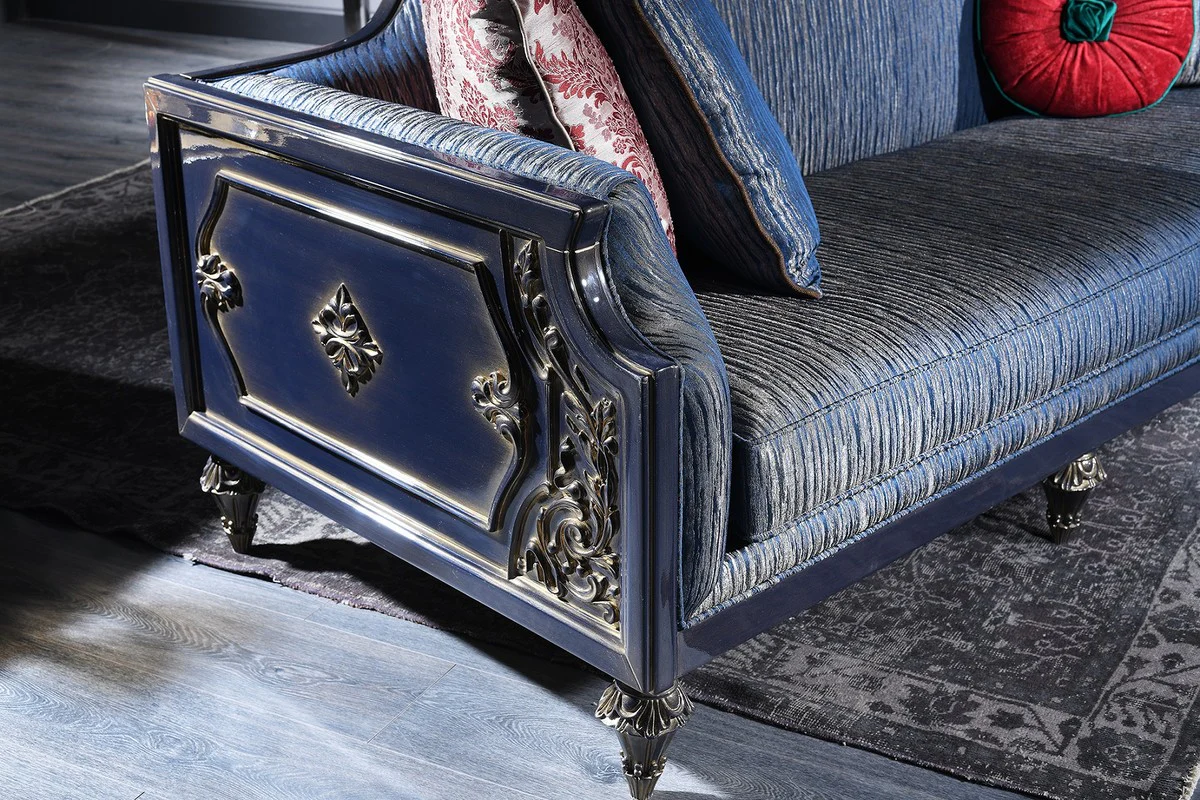 Luxus Barock Wohnzimmer & Esszimmer Set Blau / Schwarz / Gold - Barockmöbel
