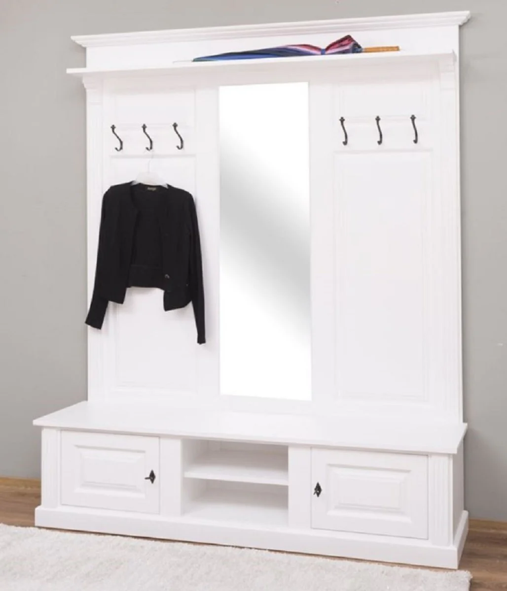 Landhausstil Garderobe Weiß 180 x 41 x H. 210 cm - Massivholz Garderobenschrank mit Spiegel - Massivholz Garderobenmöbel - Landhausstil Garderobenmöbel
