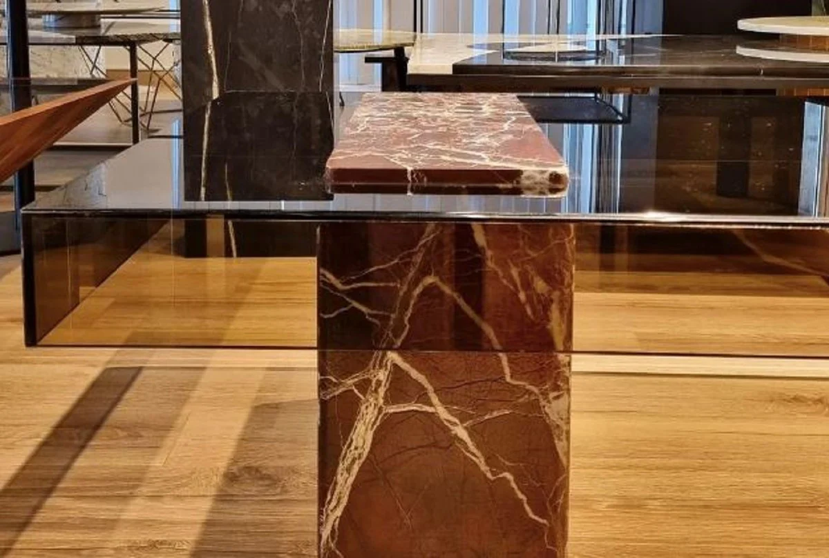 Luxus Couchtisch Rot 130 x 70 x H. 41 cm - Rechteckiger Marmor Wohnzimmertisch mit Glasplatte - Wohnzimmer Möbel - Luxus Möbel - Marmor Möbel - Luxus Einrichtung