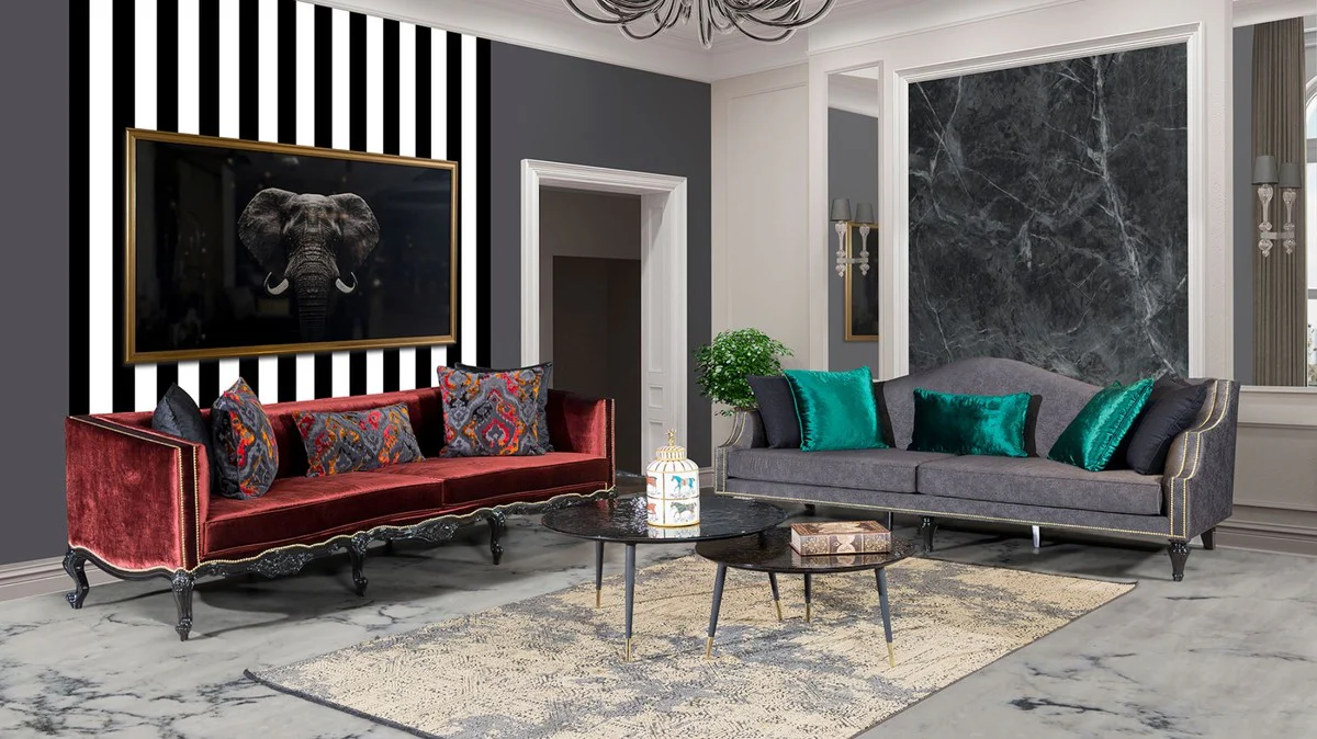 Luxus Barock Sofa Bordeauxrot / Schwarz / Gold - Prunkvolles Wohnzimmer Sofa im Barockstil - Barock Wohnzimmer Möbel