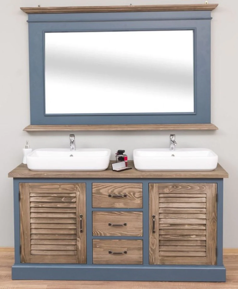 Landhausstil Badezimmer Set Blau / Braun - 1 Doppelwaschtisch & 1 Wandspiegel - Landhausstil Badezimmer Möbel