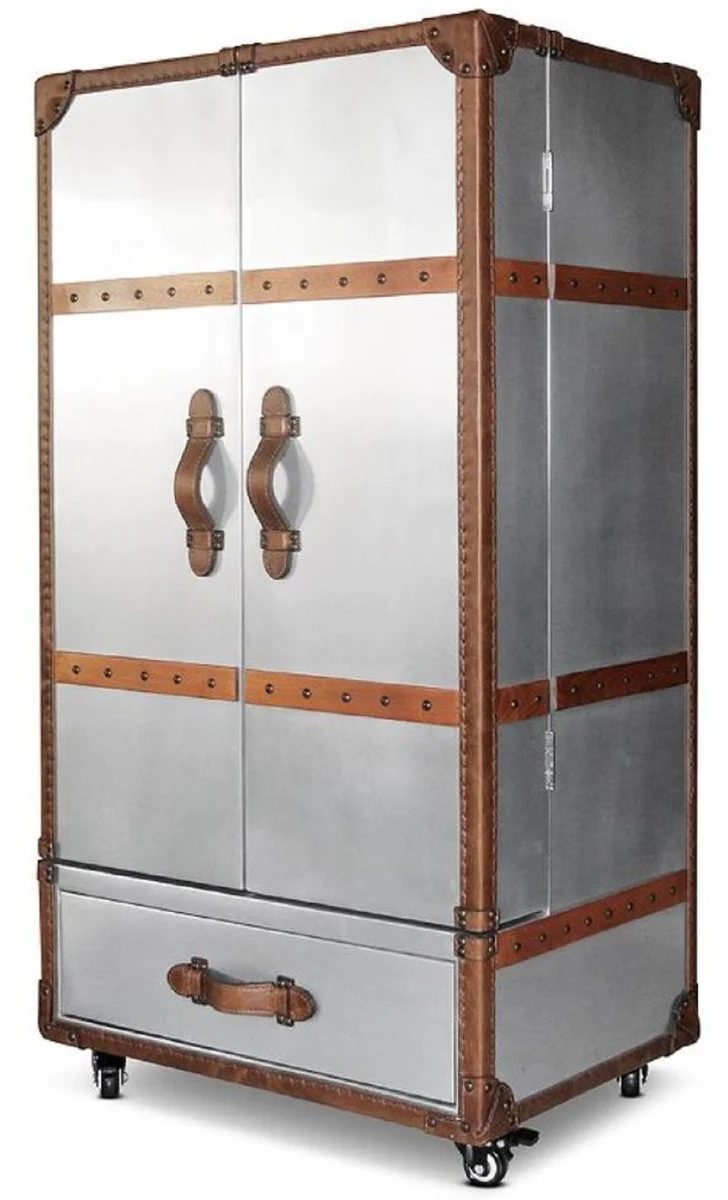 Luxus Weinschrank Silber / Braun 63 x 52 x H. 130 cm - Aluminium Kofferschrank mit Echtleder - Barschrank im Koffer Design - Luxus Bar Möbel