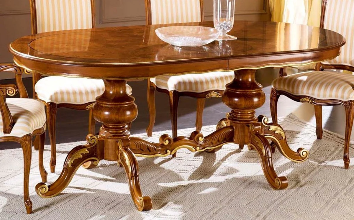 Luxus Barock Esstisch Braun / Gold - Ovaler ausziehbarer Massivholz Esszimmertisch im Barockstil - Barock Esszimmer Möbel - Luxus Qualität - Made in Italy