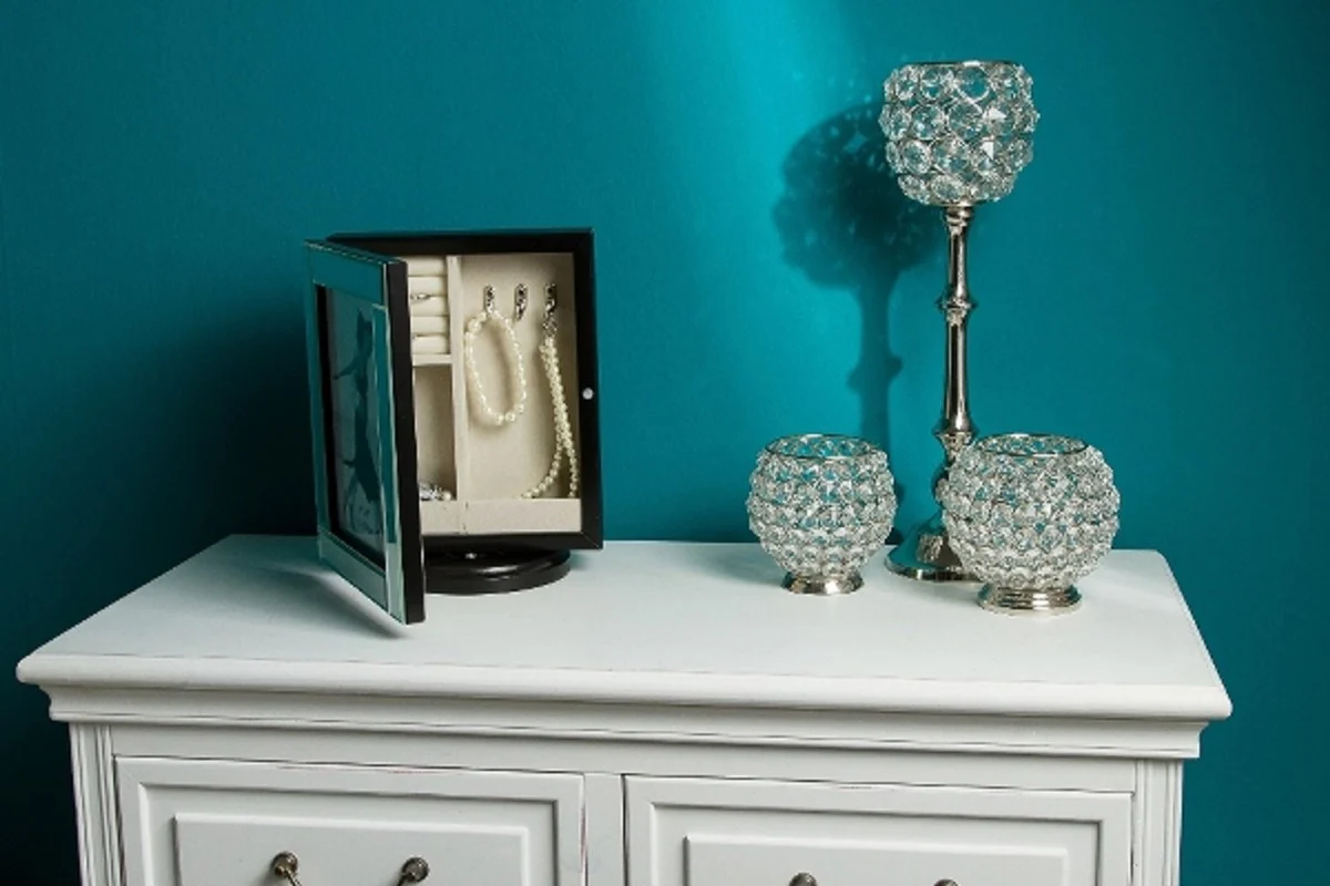 Luxus Schmuckschrank Schwarz / Cremefarben / Silber 20 x 15 x H. 27 cm - Kleiner Schmuckschrank mit Fotorahmen Spiegeltür und drehbarem Standfuß