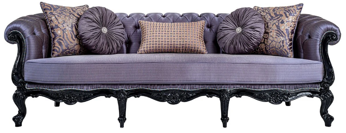 Luxus Barock Sofa Lila / Schwarz - Handgefertigtes Wohnzimmer Sofa mit dekorativen Kissen - Barock Wohnzimmer Möbel
