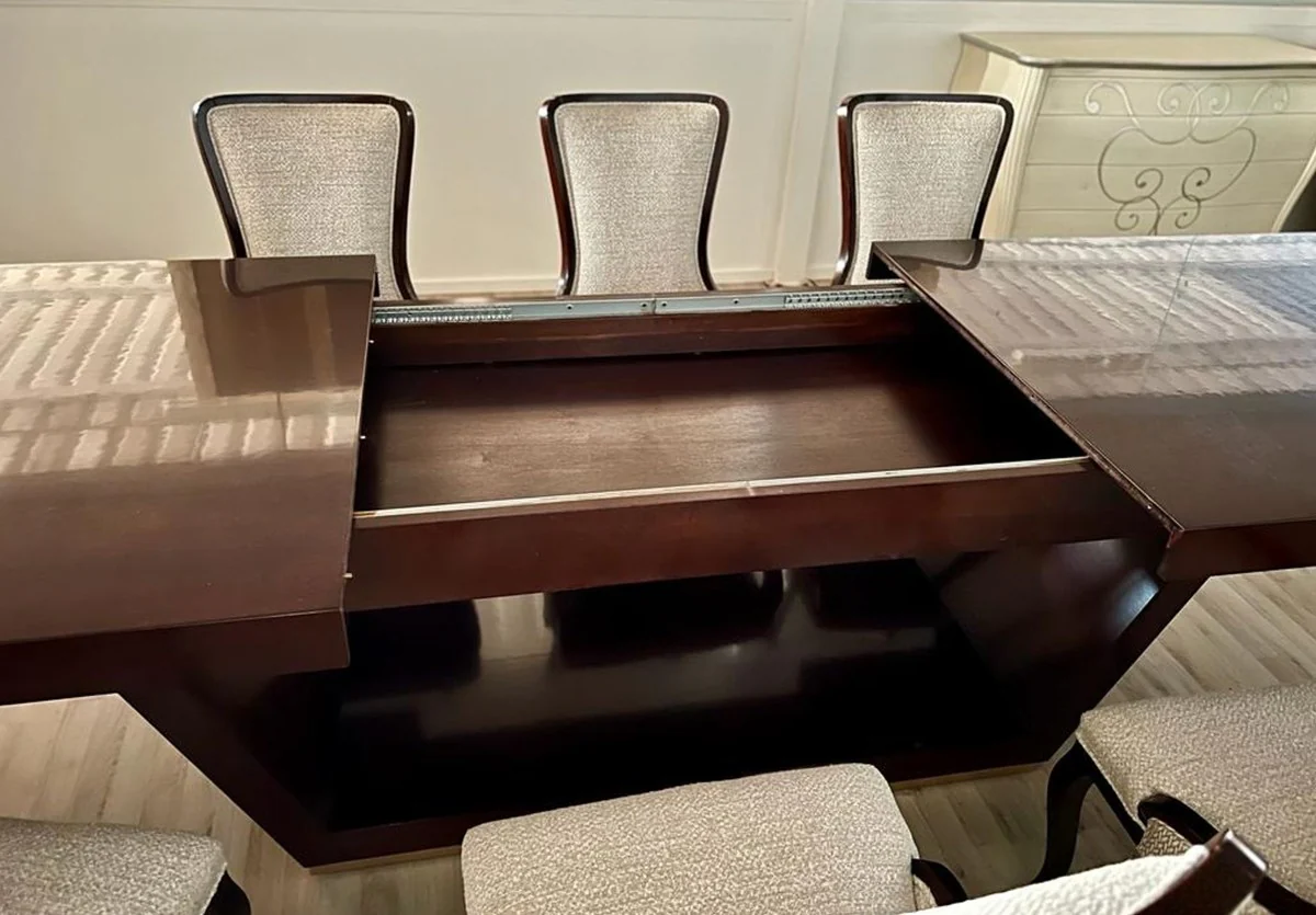 Luxus Art Deco Esszimmer Set Beige / Braun / Gold - 1 Ausziehbarer Esstisch & 6 Esszimmerstühle - Luxus Esszimmer Möbel - Art Deco Esszimmer Möbel - Luxus Qualität - Made in Italy