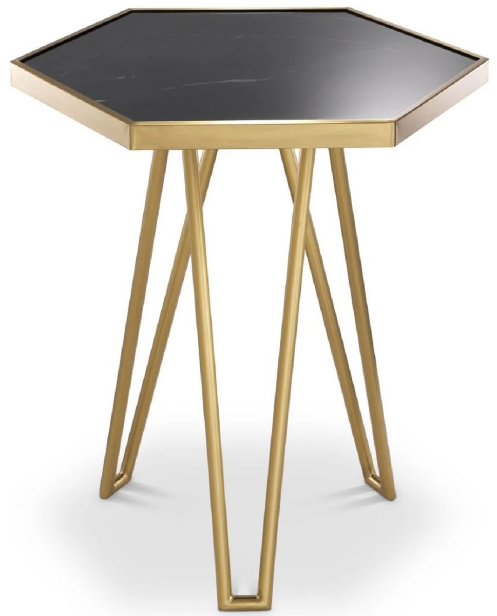 Luxus Beistelltisch Messingfarben / Schwarz 50 x 43 x H. 54,5 cm - Moderner 6-eckiger Edelstahl Tisch mit geschliffener Marmorplatte - Wohnzimmer Möbel - Luxus Möbel