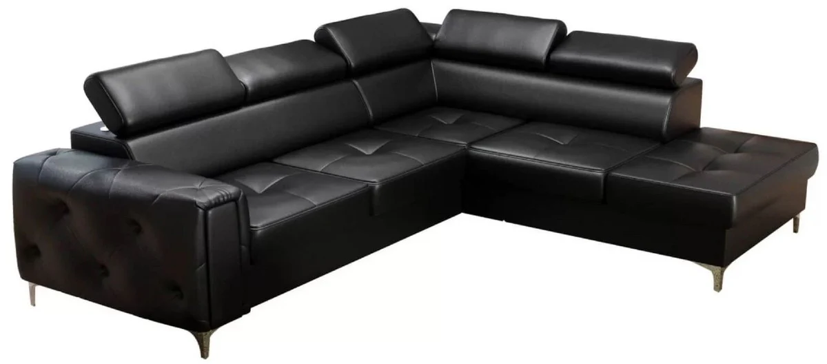 Luxus Leder Ecksofa Schwarz / Silber 255 x 225 x H. 78-99 cm - Naturleder Wohnzimmer Sofa mit verstellbaren Kopfstützen - Wohnzimmer Möbel - Leder Möbel - Luxus Möbel