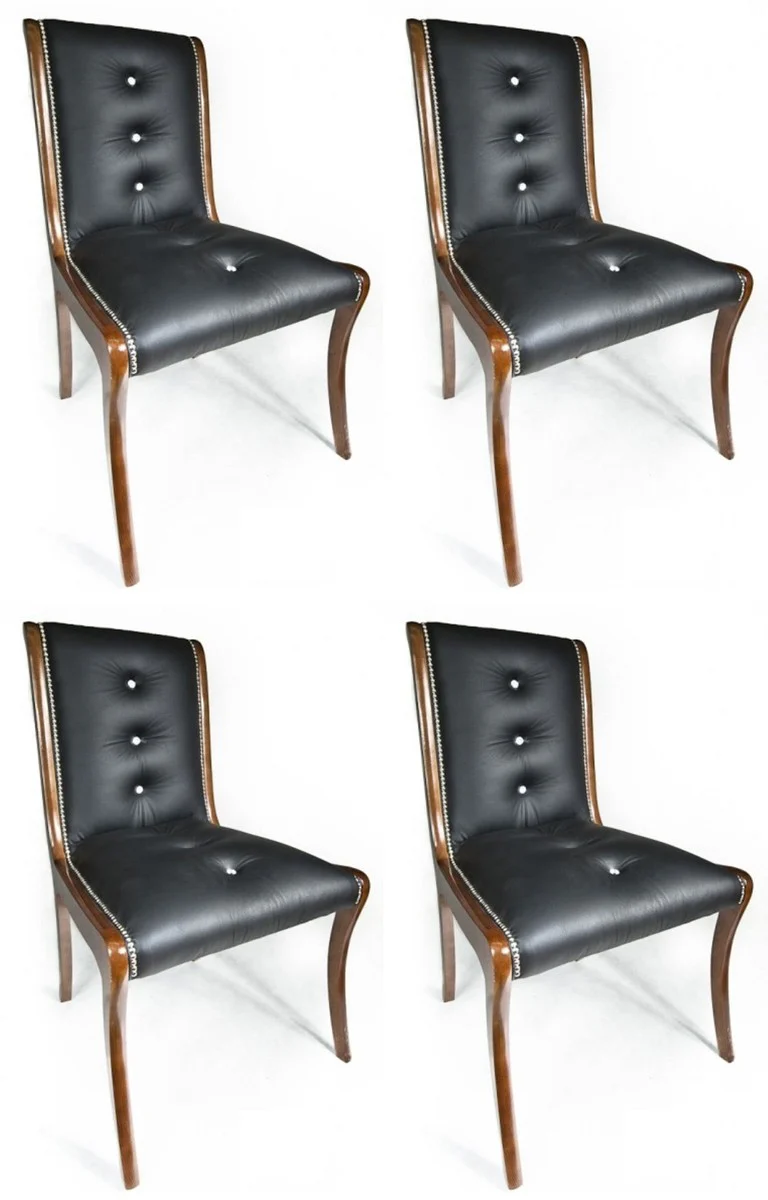 Luxus Leder Esszimmer Stuhl 4er Set mit Glitzersteinen Schwarz / Braun 50 x 47 x H. 95 cm - Echtleder Küchenstühle - Echtleder Möbel - Luxus Möbel