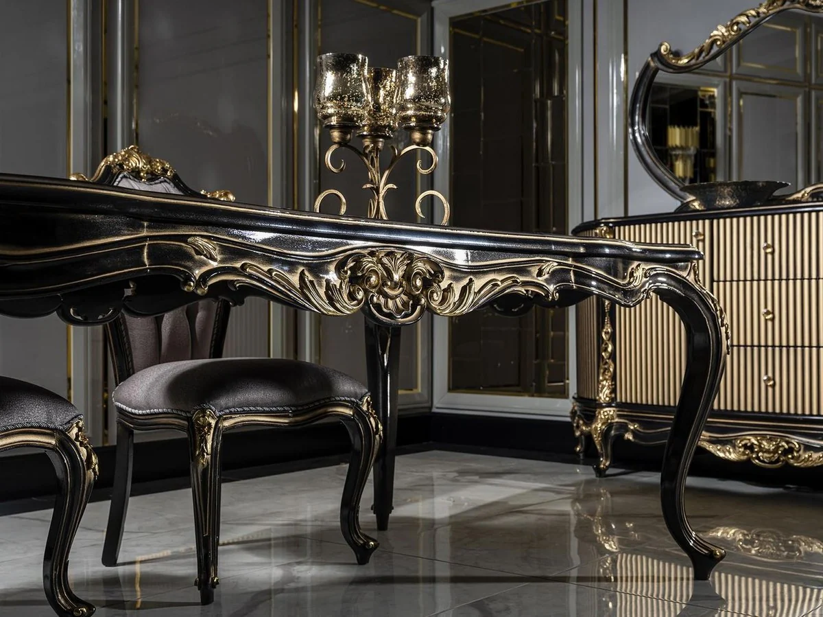 Luxus Barock Esstisch Schwarz / Gold - Edler Massivholz Esszimmertisch - Barock Esszimmer Möbel - Edel & Prunkvoll Interior
