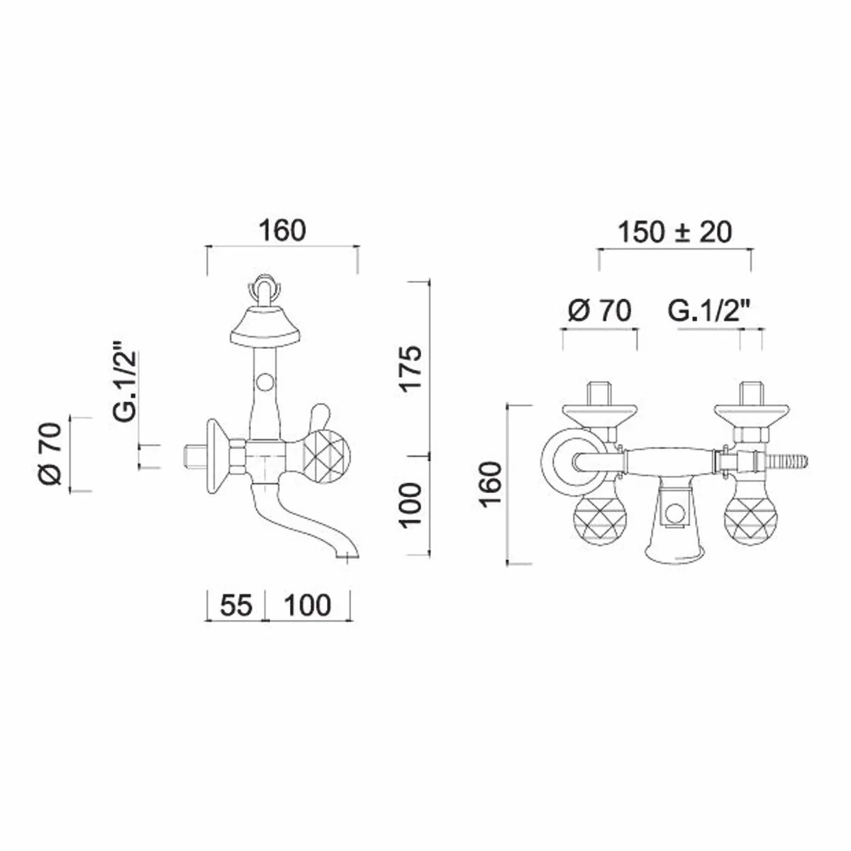 Luxus Jugendstil Wannenbatterie mit Schlauch und Handbrause Chrom H. 27,5 cm
