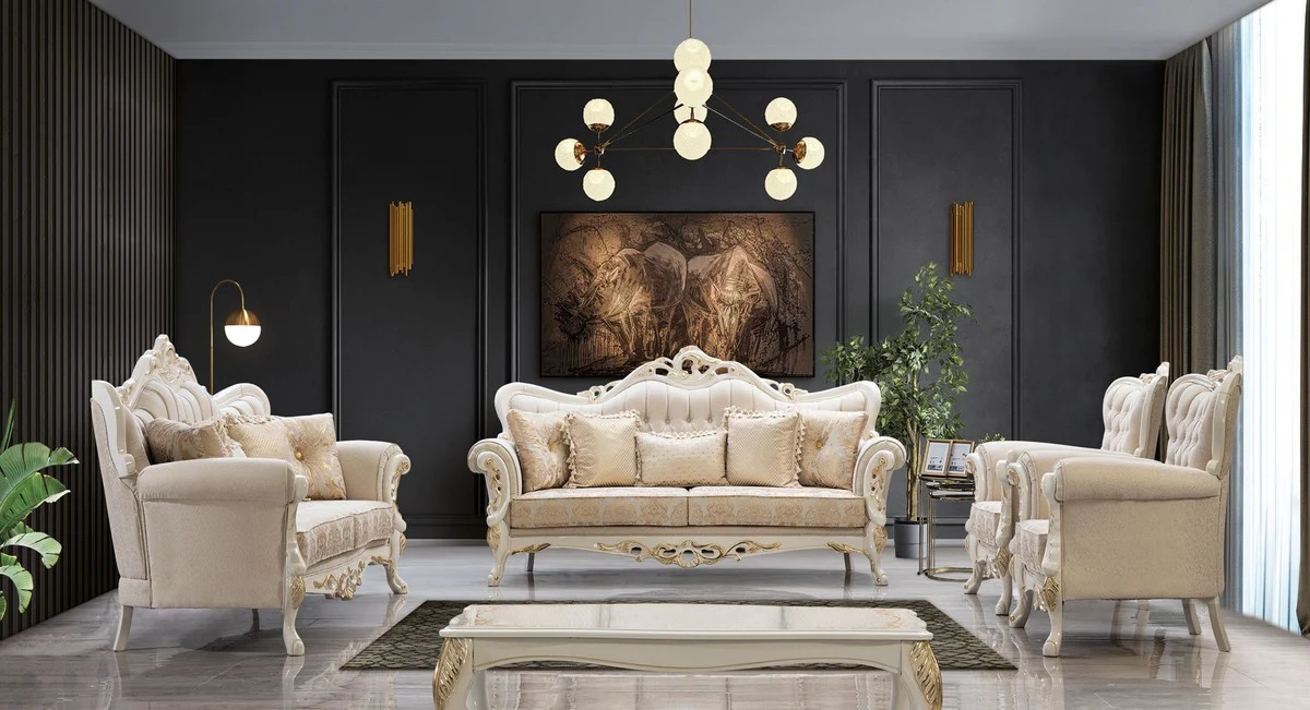 Luxus Barock Sofa Weiß / Gold - Barockstil Wohnzimmer Sofa mit elegantem Muster - Luxus Wohnzimmer Möbel im Barockstil - Barock Möbel - Barock Einrichtung