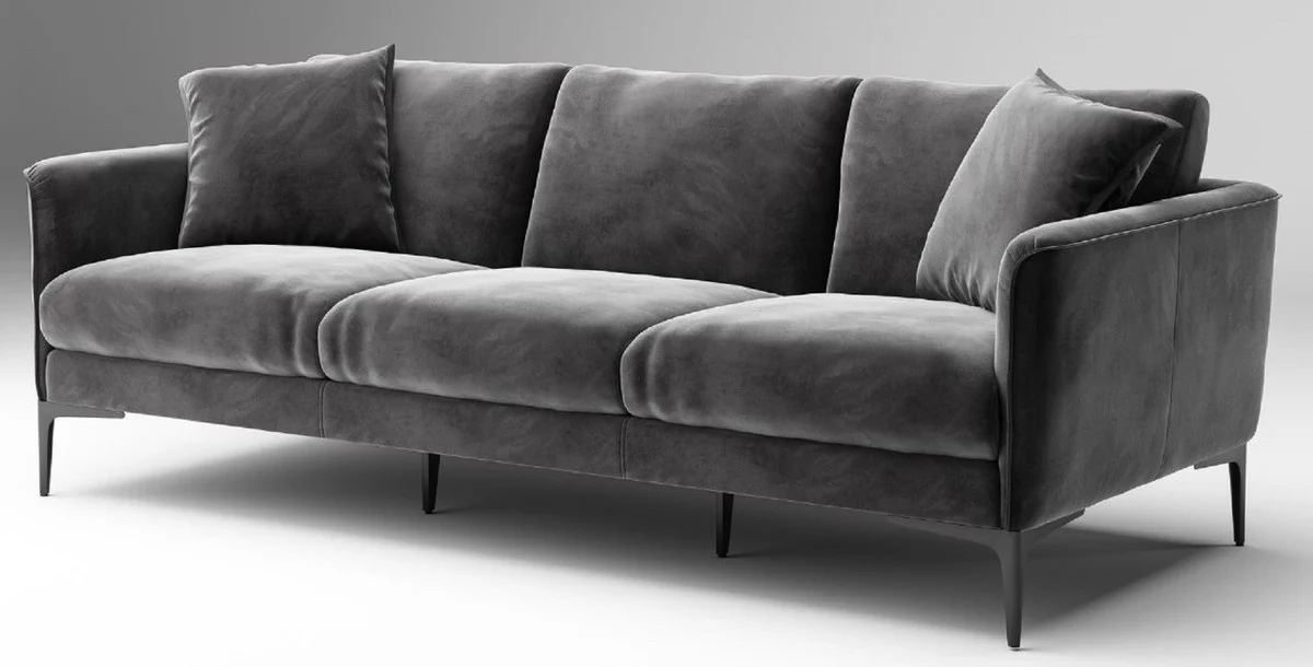 Luxus Sofa Grau / Schwarz 240 x 98 x H. 60 cm - Wohnzimmer Sofa mit edlem Samtstoff - Luxus Wohnzimmer Möbel