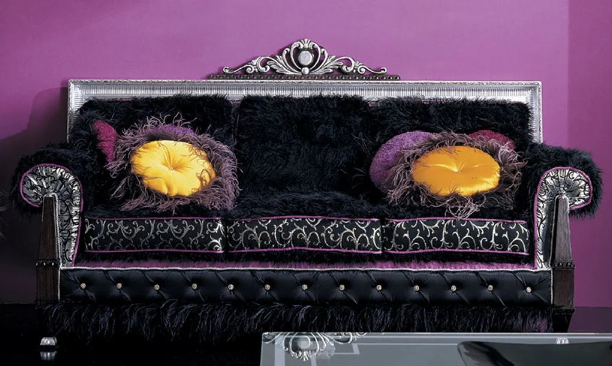 Luxus Barock Sofa Dunkelbraun / Schwarz / Silber / Lila 215 x 80 x H. 120 cm - Prunkvolles Wohnzimmer Sofa - Erstklassische Qualität - Made in Italy