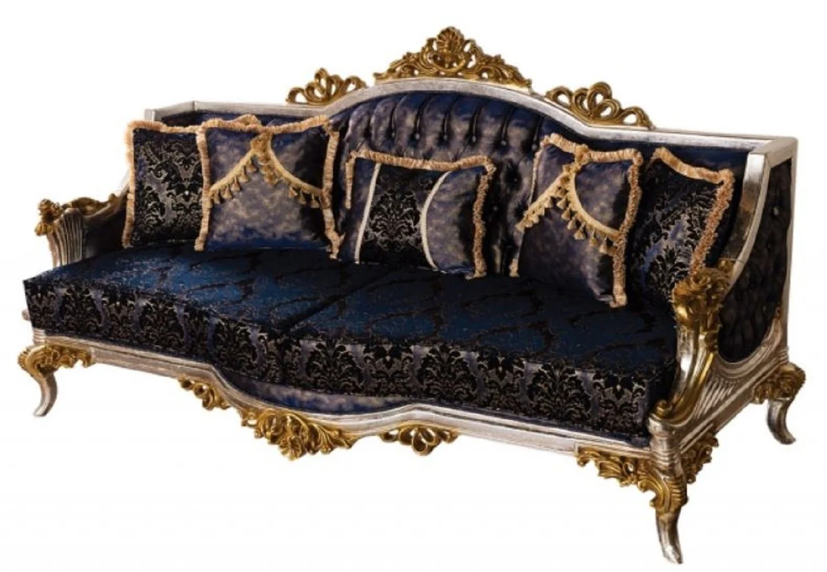 Luxus Barock Sofa Royalblau / Schwarz / Silber / Gold - Prunkvolles Wohnzimmer Sofa mit elegantem Muster - Barock Wohnzimmer Möbel