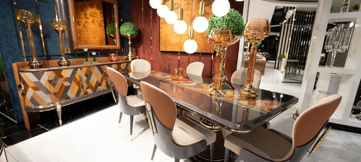 Luxus Art Deco Esszimmer Stuhl 6er Set Creme / Braun / Grau / Gold - Art Deco Küchenstühle - Luxus Art Deco Esszimmer Möbel