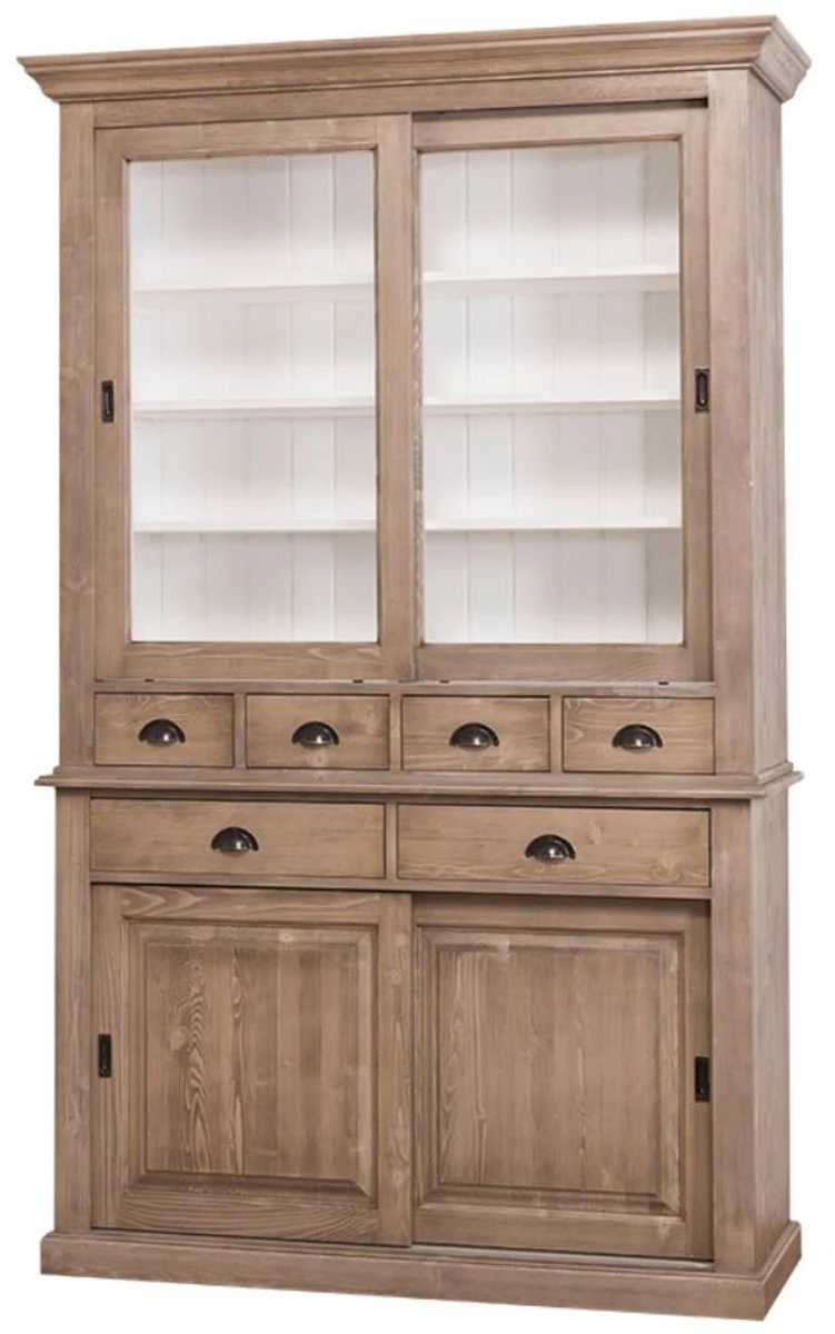 Landhausstil Küchenschrank Braun / Weiß 142 x 48 x H. 225 cm - 2 Teiliger Küchenschrank mit 4 Schiebetüren und 6 Schubladen