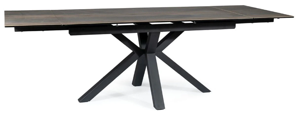 Luxus Esstisch mit gehärteter Glaskeramik Tischplatte in Holzoptik Braun / Matt Schwarz 160-240 x 90 x H. 76 cm - Ausziehbarer Küchentisch - Esszimmer Möbel - Luxus Möbel