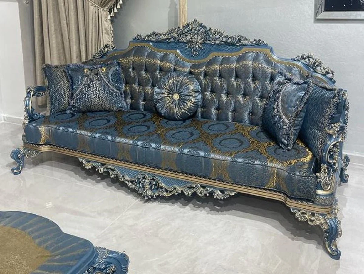 Luxus Barock Sofa Blau / Gold - Prunkvolles Wohnzimmer Sofa mit elegantem Muster - Barockstil Wohnzimmer Möbel - Luxus Möbel im Barockstil - Edel & Prunkvoll