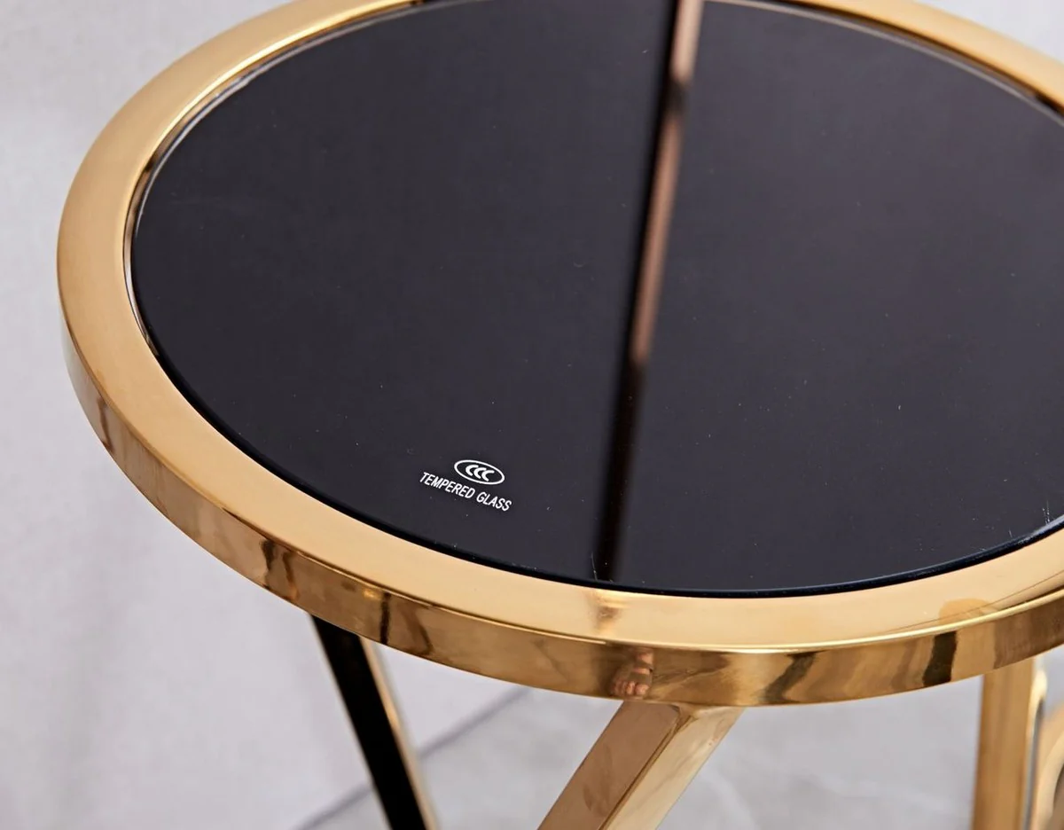 Luxus Beistelltisch Gold / Schwarz Ø 35 x H. 70 cm - Runder Edelstahl Blumentisch mit getönten Glasplatten - Wohnzimmer Möbel - Luxus Möbel