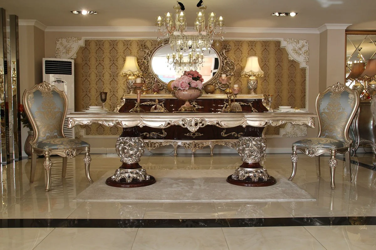 Luxus Barock Esstisch Dunkelbraun / Silber - Hochwertiger handgefertigter Massivholz Esszimmertisch im Barockstil - Barock Esszimmer Möbel - Edel & Prunkvoll