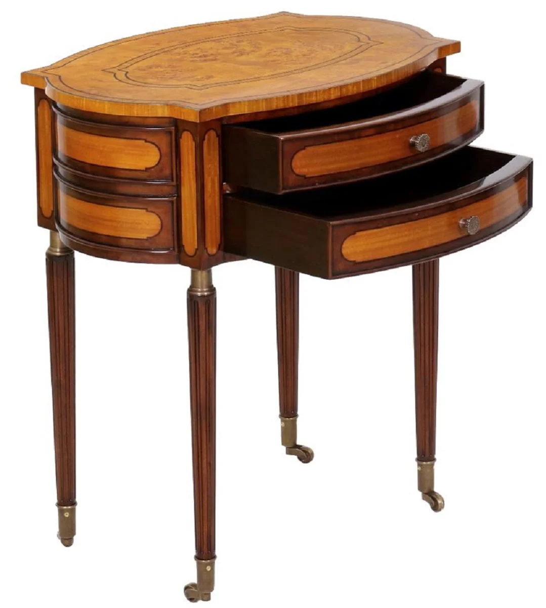 Luxus Jugendstil Nachtkommode Hellbraun / Dunkelbraun - Eleganter Massivholz Nachttisch mit 2 Schubladen und Rollen - Barock & Jugendstil Schlafzimmer Möbel