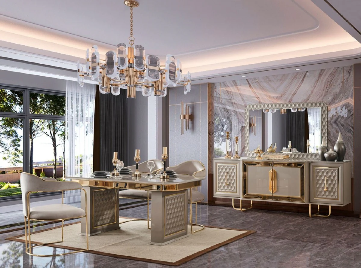 Luxus Art Deco Esszimmer Set Grau / Gold - 1 Ausziehbarer Esstisch & 4 Stühle
