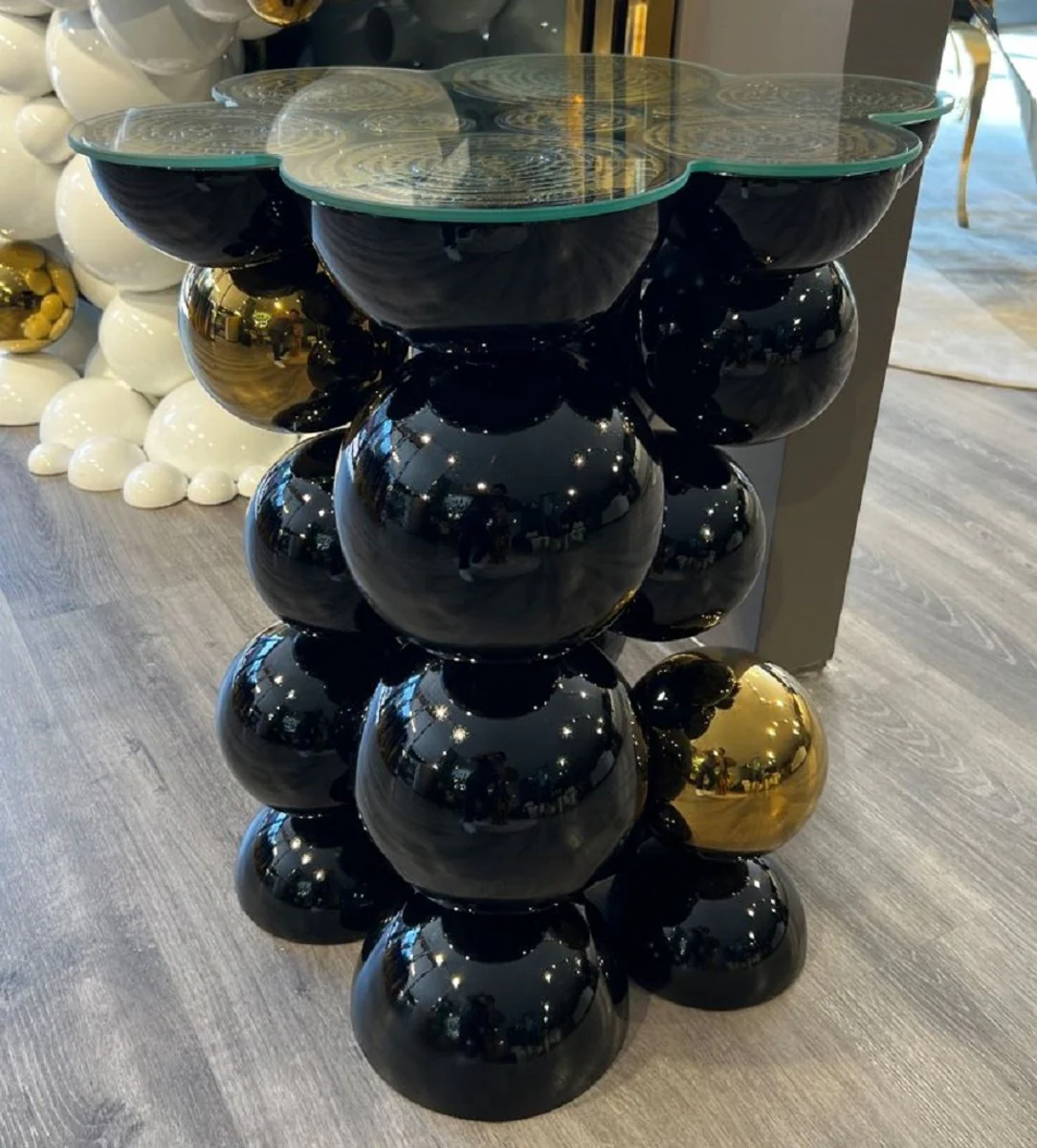 Luxus Designer Beistelltisch Schwarz / Gold 55 x 45 x H. 59 cm - Edelstahl Tisch mit Glasplatte - Wohnzimmer Möbel - Luxus Möbel - Hotel Möbel - Designer Möbel