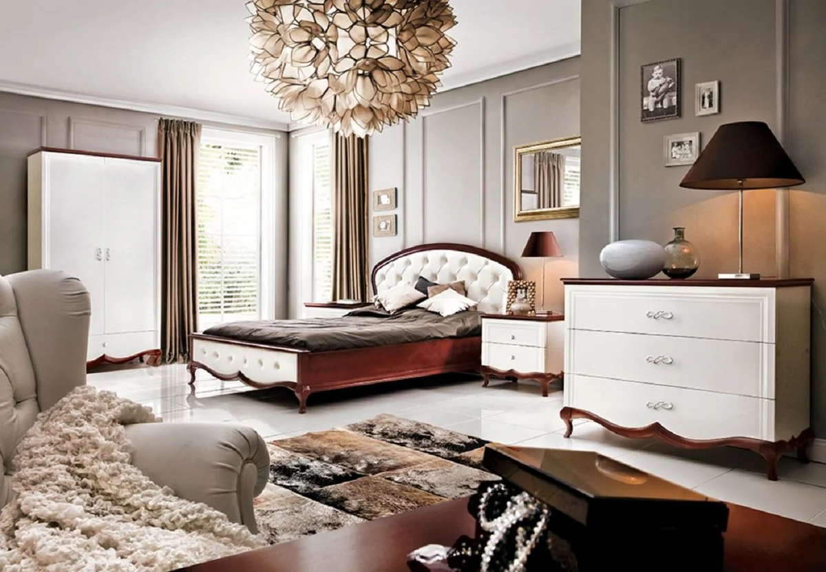 Luxus Jugendstil Schlafzimmerschrank Hochglanz Weiß / Braun 114 x 62,5 x H. 209,5 cm - Massivholz Kleiderschrank mit 2 Türen und Schublade - Schlafzimmer Möbel