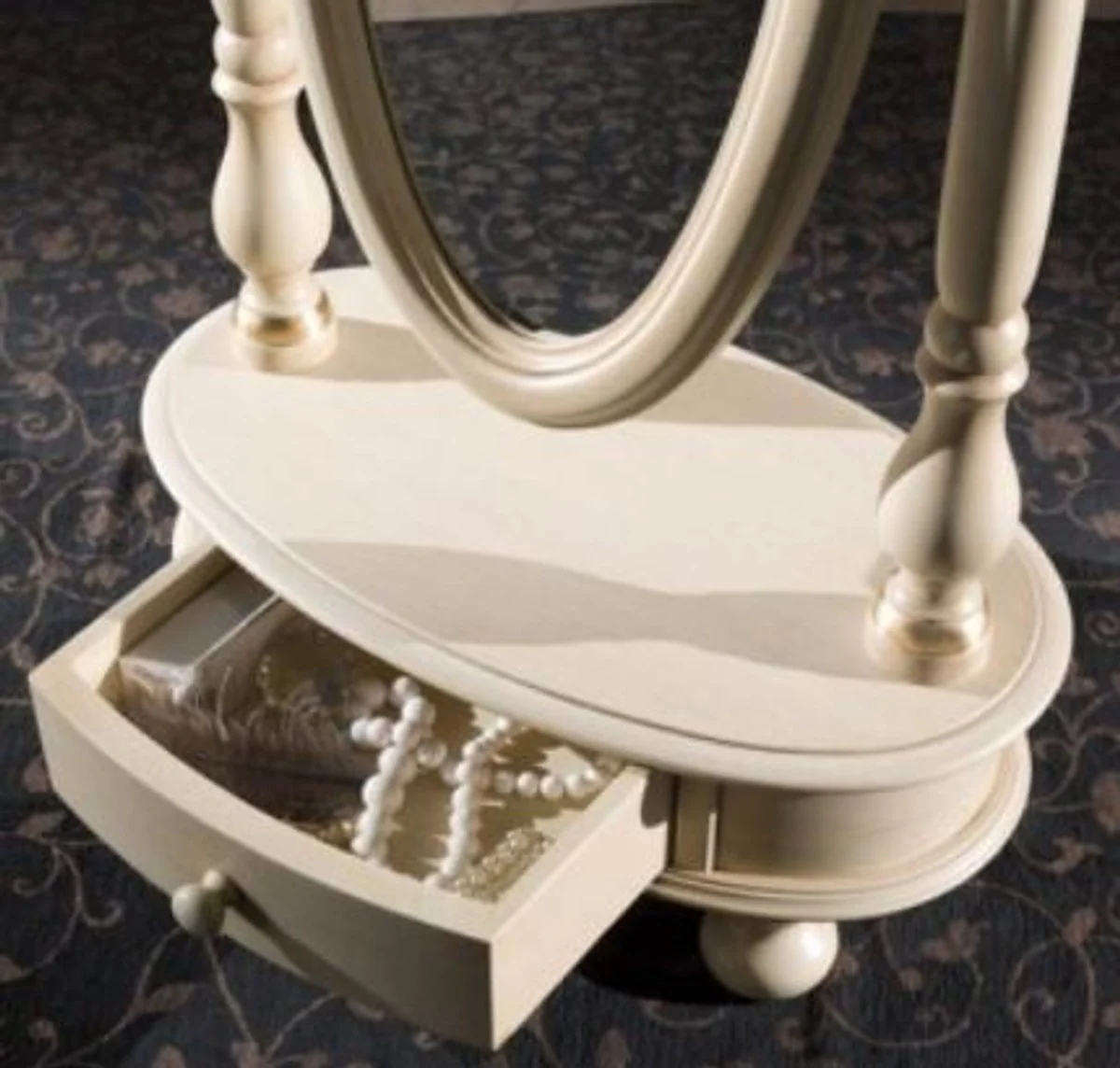 Luxus Barock Standspiegel Elfenbeinfarben / Gold 62 x 37 x H. 169 cm - Ovaler Schlafzimmer Spiegel mit Schublade - Luxus Qualität - Made in Italy