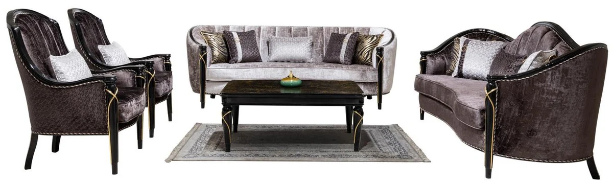 Luxus Barock Wohnzimmer Set Silber / Lila / Schwarz / Gold