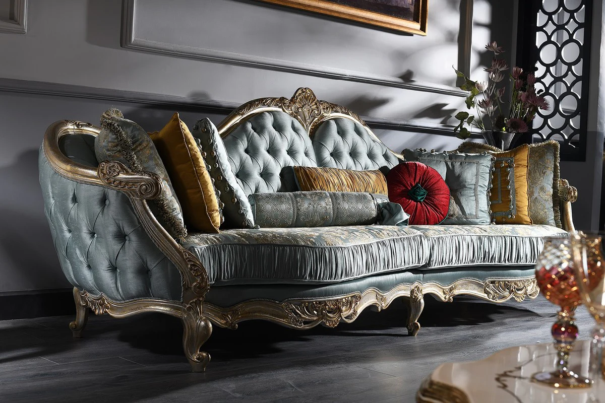 Luxus Barock Sofa Türkis / Silber / Gold 310 x 99 x H. 113 cm - Prunkvolles Chesterfield Wohnzimmer Sofa im Barockstil