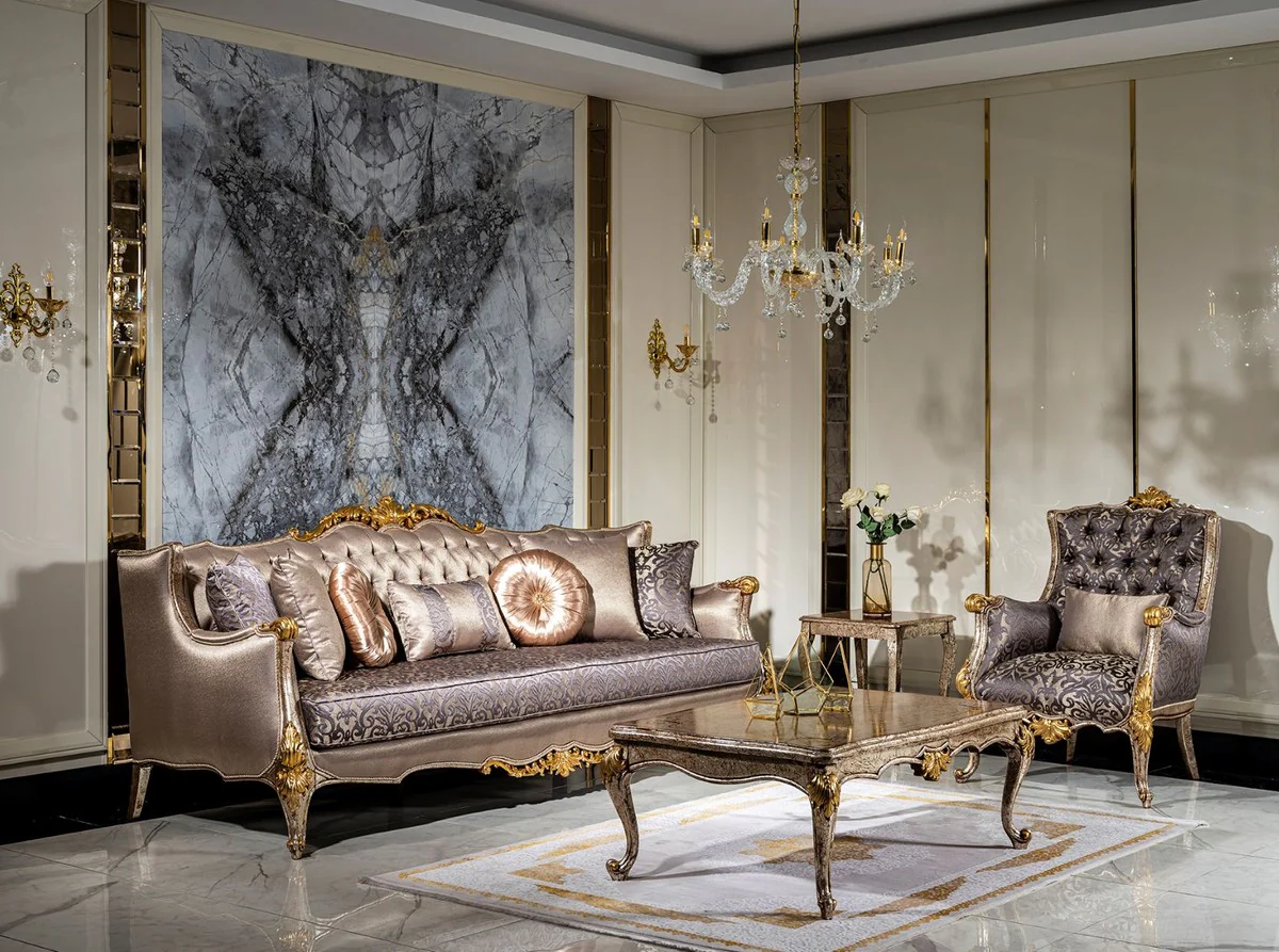 Luxus Barock Couchtisch Antik Silber / Braun / Gold - Handgefertigter Massivholz Wohnzimmertisch im Barockstil - Edle Barock Wohnzimmer Möbel