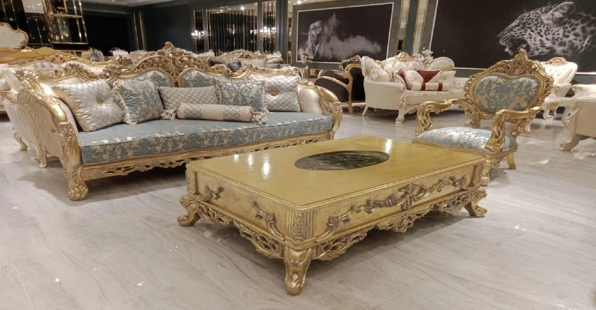 Luxus Barock Sofa mit elegantem Muster Türkis / Rosa / Gold - Handgefertigtes Wohnzimmer Sofa im Barockstil - Barock Wohnzimmer Möbel - Edel & Prunkvoll
