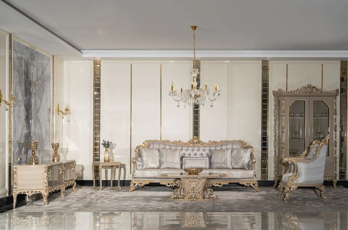 Luxus Barock Couchtisch Grau / Gold - Handgefertigter Massivholz Wohnzimmertisch im Barockstil - Wohnzimmer Möbel im Barockstil - Barock Möbel - Edel & Prunkvoll