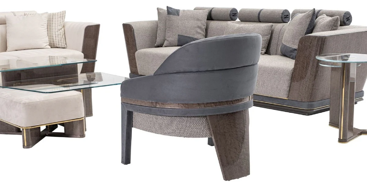 Luxus Sofa Grau / Blau / Gold 280 x 98 x H. 85 cm - Wohnzimmer Sofa - Hotel Sofa - Wohnzimmer Möbel - Wohnzimmer Einrichtung - Hotel Möbel - Luxus Möbel - Luxus Einrichtung