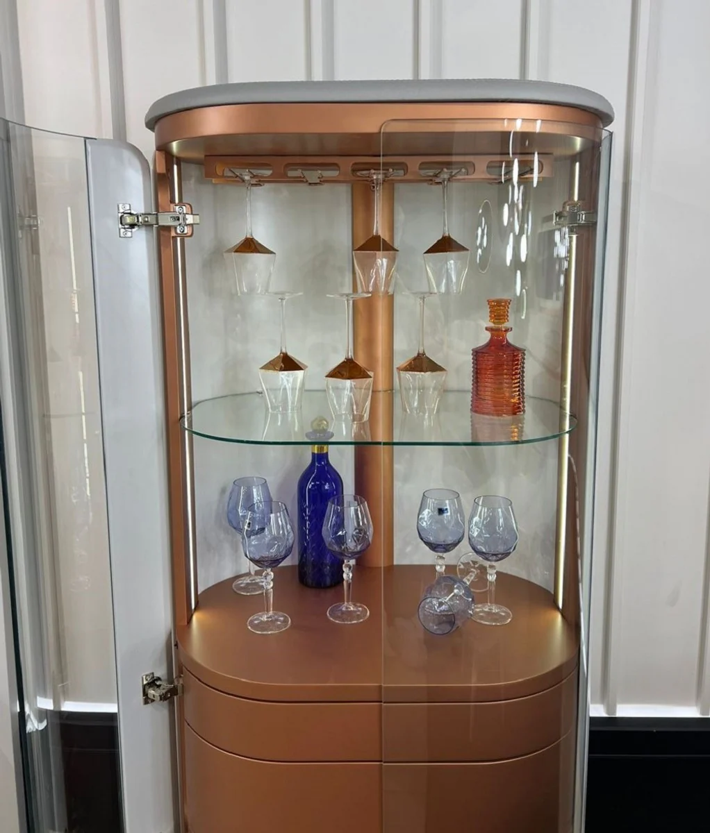 Luxus Barschrank Weiß / Grau / Kupfer 80 x 50 x H. 165 cm - Beleuchteter Massivholz Weinschrank mit 2 Türen - Wohnzimmer Möbel - Bar Möbel - Hotel Möbel - Luxus Kollektion