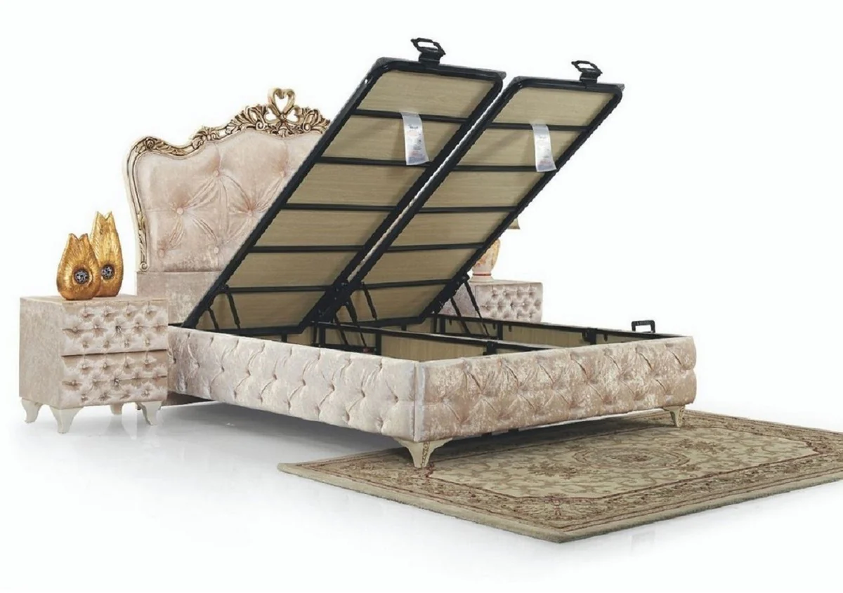 Luxus Barock Schlafzimmer Möbel Set Beige / Cremefarben / Braun - Verschiedene Größen - 1 Barock Doppelbett & 2 Barock Nachtkommoden - Barock Schlafzimmer & Hotel Möbel