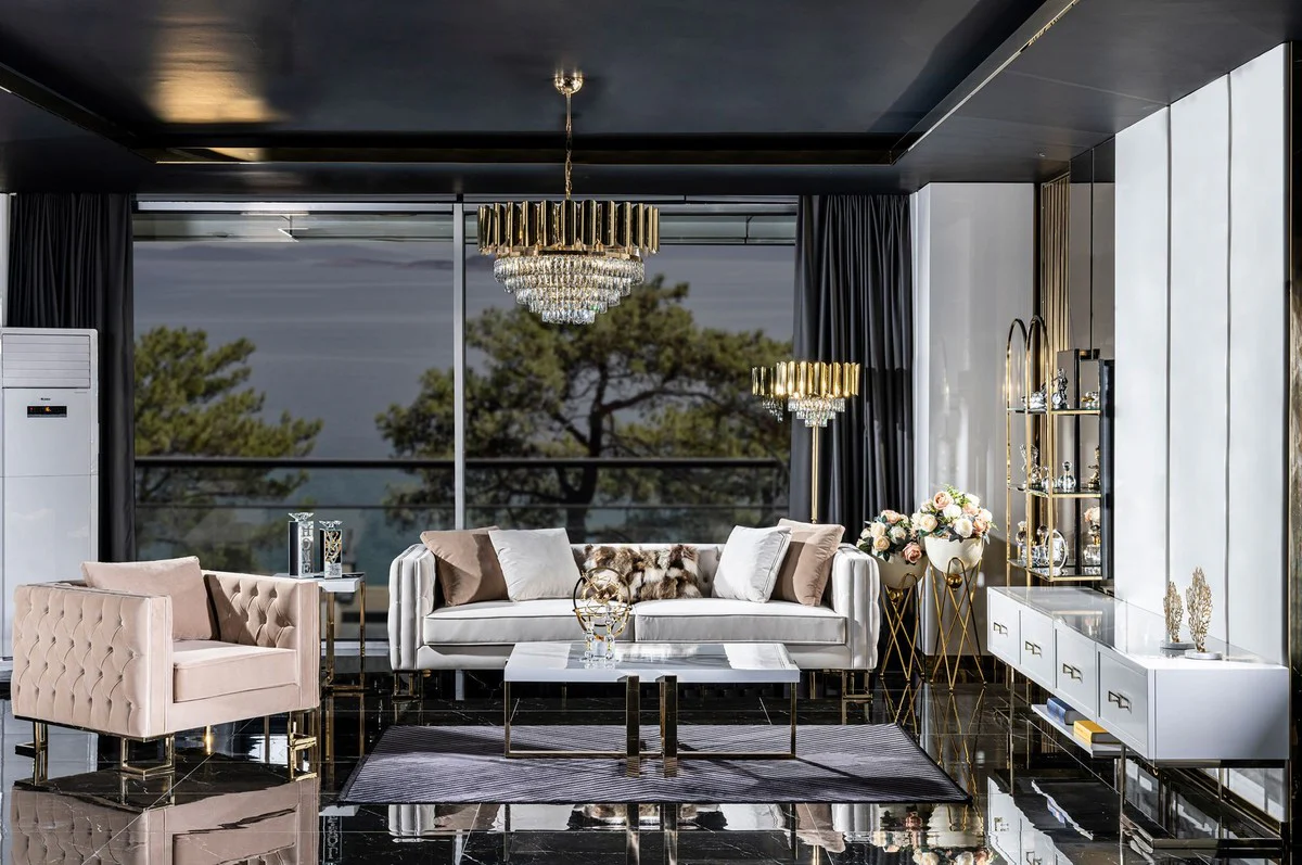 Luxus Couchtisch Weiß / Gold 120 x 80 x H. 45 cm - Rechteckiger Wohnzimmertisch mit Massivholz Tischplatte und Metallbeinen - Wohnzimmer Möbel - Luxus Möbel - Hotel Möbel