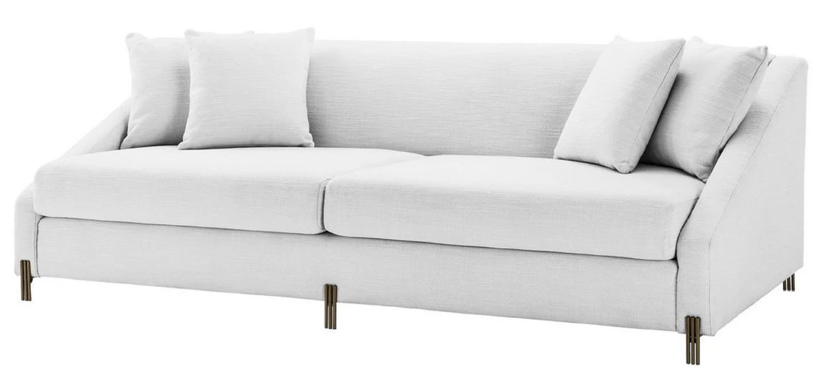 Luxus Sofa Weiß / Messingfarben 223 x 94 x H. 73 cm - Wohnzimmer Sofa mit 4 Kissen - Luxus Möbel