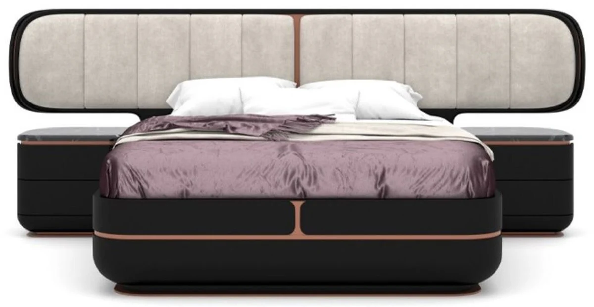 Luxus Schlafzimmer Set Grau / Schwarz / Kupfer - 1 Doppelbett mit Kopfteil & 2 Nachtkommoden - Luxus Schlafzimmer Möbel - Luxus Schlafzimmer Einrichtung