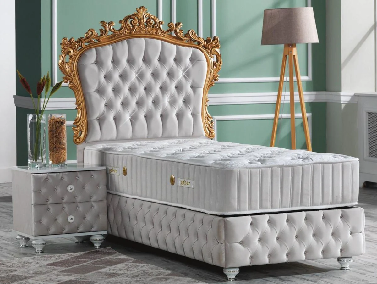 Barock Schlafzimmer Set Grau / Weiß / Silber / Gold - Prunkvolles Einzelbett mit Nachttisch - Schlafzimmer Möbel im Barockstil